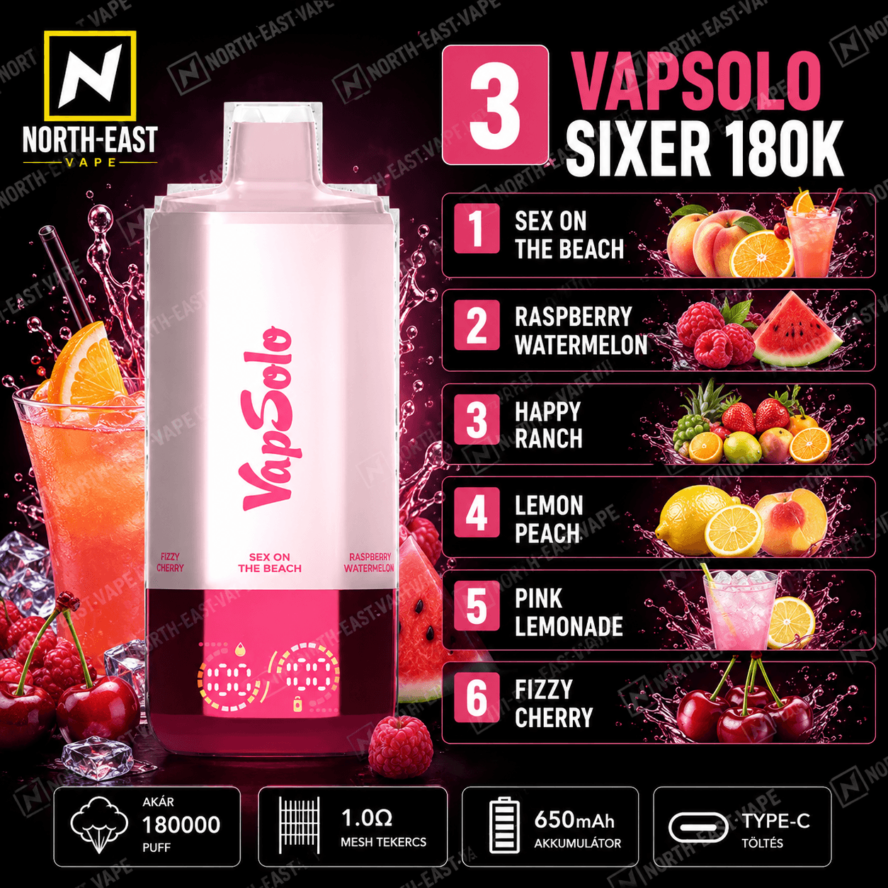 VapSolo Sixer - #03 - 🍹 Sex on the Beach • 🍉 Málnás Görögdinnye • 🤠 Happy Ranch • 🍋 Citrom-Barack • 🍓 Pink Lemonade • 🍒 Habzó Cseresznye
