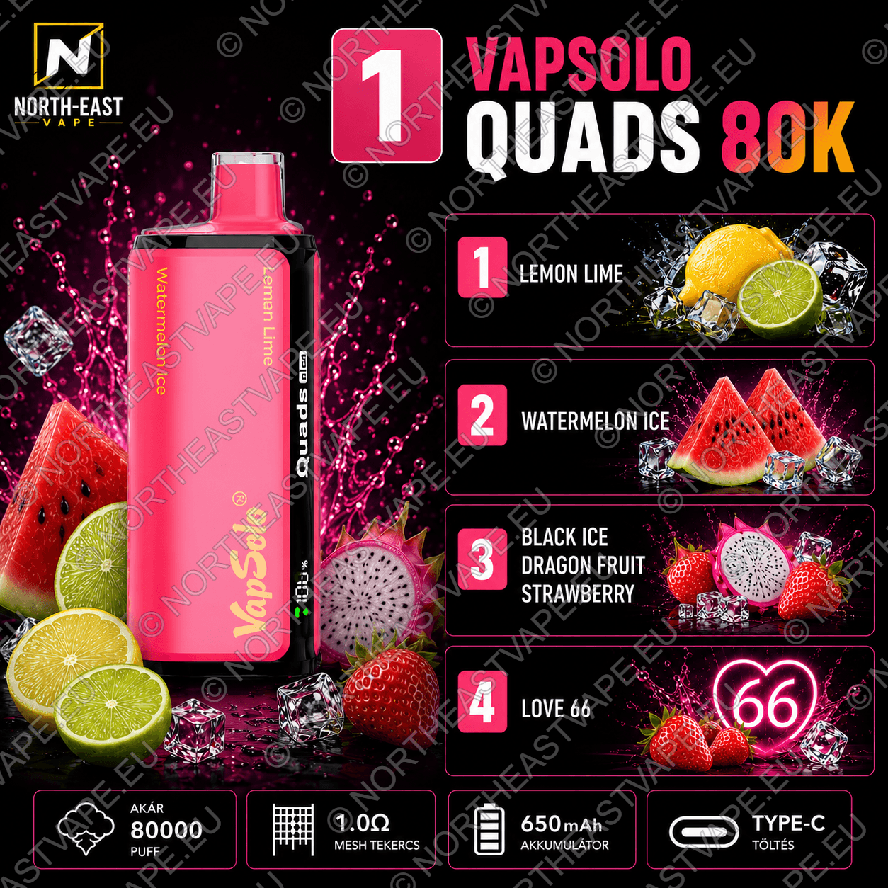 VapSolo Quads - #01 - 🍋 Citrom-Lime • 🧊 Görögdinnyés Jég • 🐉 Fekete Jeges Sárkánygyümölcs-Eper • 💜 Love66