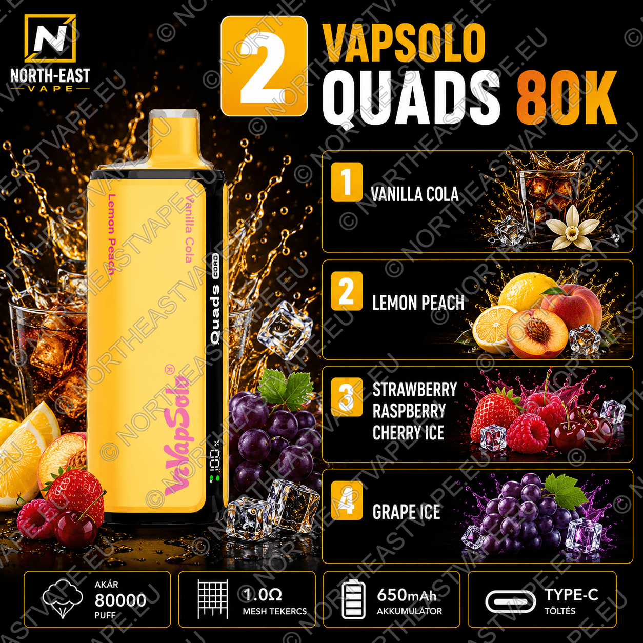 VapSolo Quads - #02 -🥤 Vaníliás Cola • 🍋 Citrom-Barack • 🍓 Epres-Málnás Cseresznye Jég • 🍇 Szőlő Jég