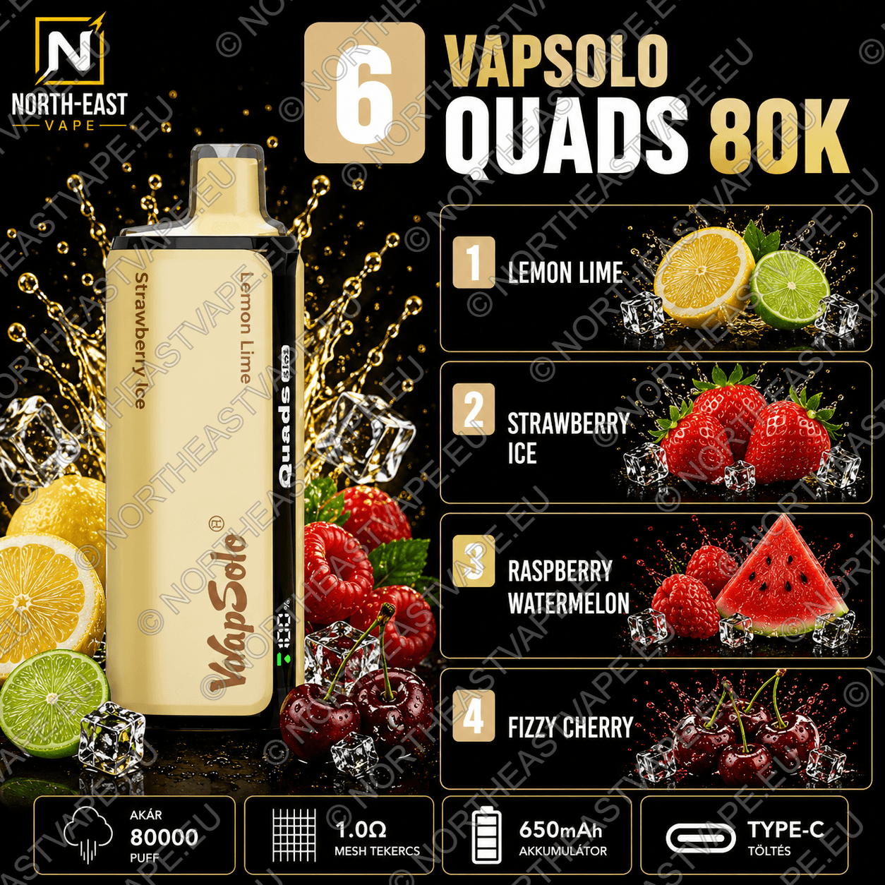 VapSolo Quads - #06 -🍋 Citrom-Lime • 🍓 Jeges Eper • 🍉 Málnás Görögdinnye • 🍒 Habzó Cseresznye
