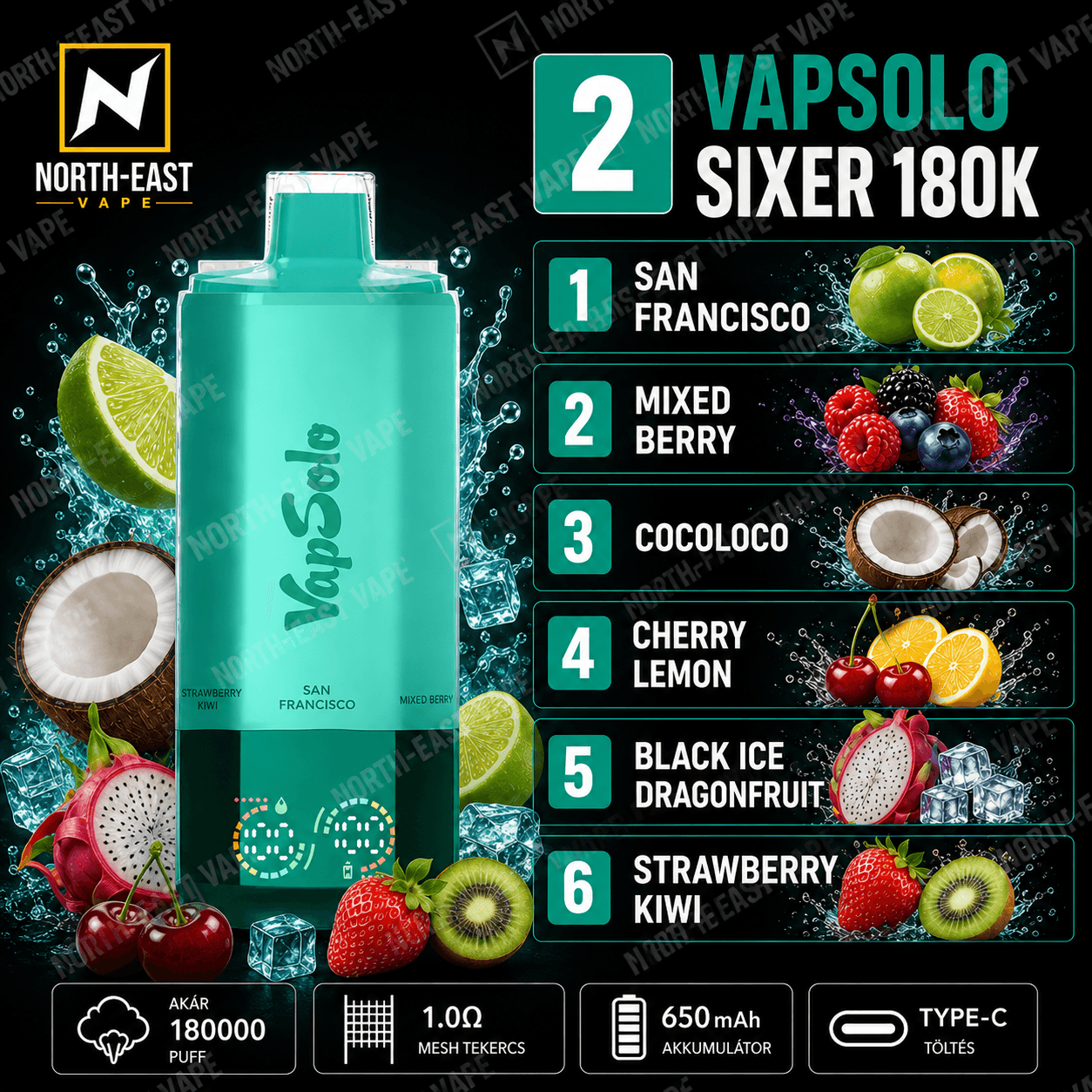 VapSolo Sixer - #02 - 🍹 San Francisco • 🫐 Erdei Gyümölcs Mix • 🥥 CocoLoco • 🍒 Cseresznye-Citrom • 🐉 Fekete Jeges Sárkánygyümölcs • 🥝 Epres Kiwi