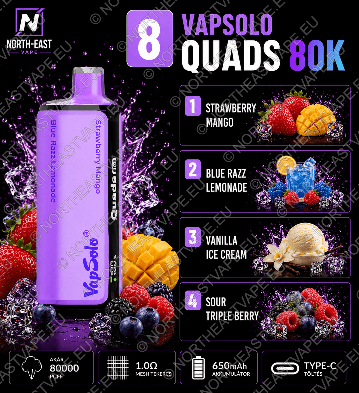 VapSolo Quads - #08 - 🍓 Eper-Mangó • 🫐 Kék Málna Limonádé • 🍦 Vaníliás Jégkrém • 🫐 Savanyú Tripla Bogyós