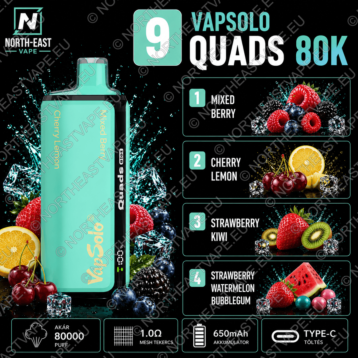 VapSolo Quads - #09 - 🫐 Erdei Gyümölcs Mix • 🍒 Cseresznye-Citrom • 🥝 Epres Kiwi • 🍓 Görögdinnyés Epres Rágó