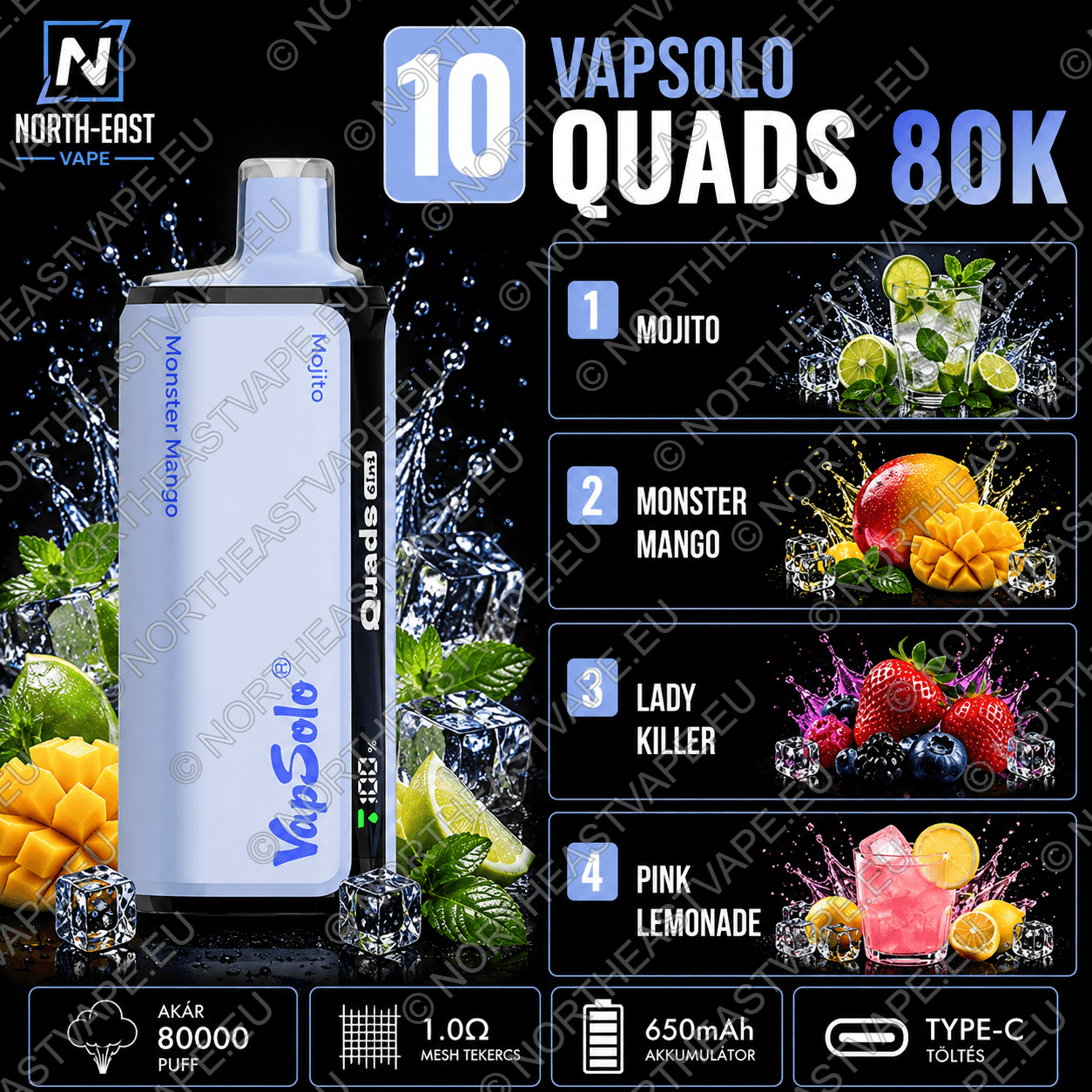 VapSolo Quads - #10 - 🍃 Mojito • 🥭 Monster Mangó • 🍹 Lady Killer • 🍓 Pink Lemonade