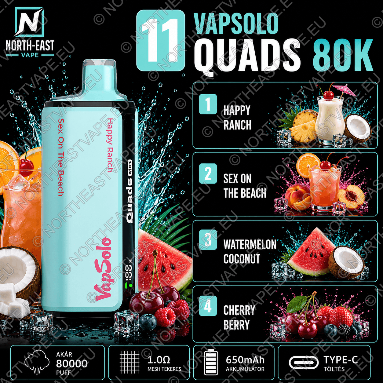 VapSolo Quads – #11 – 🤠 Happy Ranch • 🍹 Sex on the Beach • 🍉 Görögdinnye-Kókusz • 🍒 Cseresznyés Bogyós